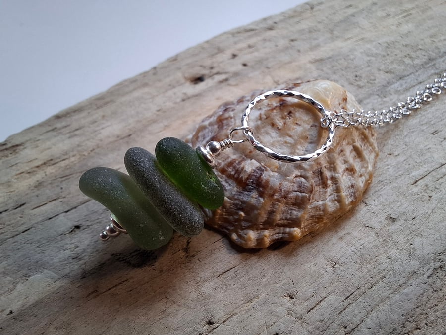 Deep Olive Greens Marazion Sea Glass Stack on Diamond Cut Ring Necklace N673