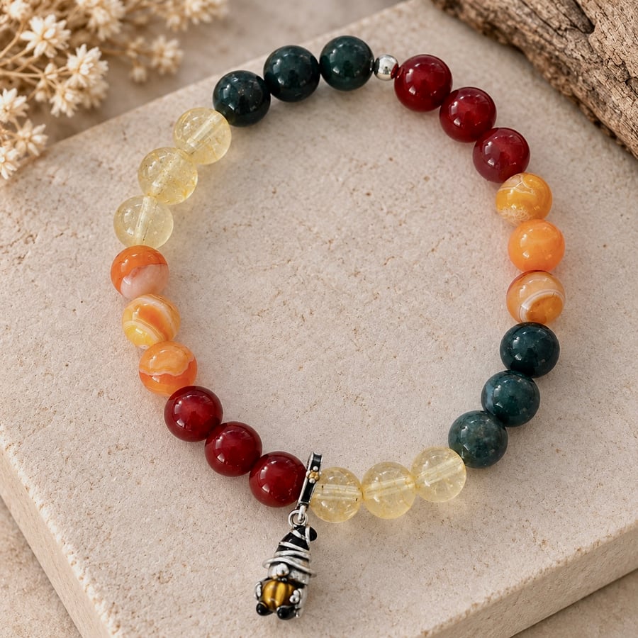 Carnelian Citrine Moss Agate Bracelet Sterling Silver Gnome - Pumpkin Gatherer 