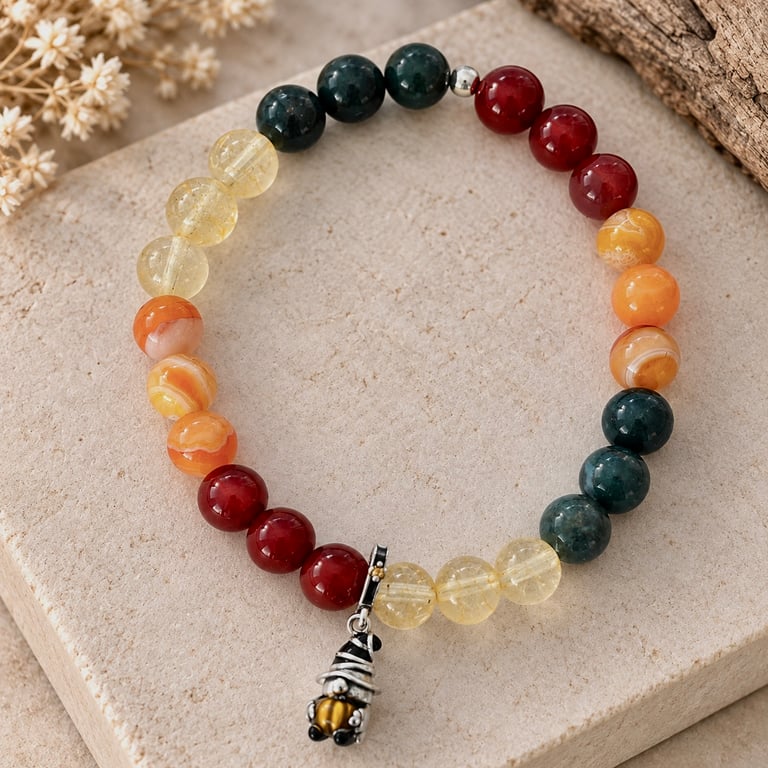 Carnelian Citrine Moss Agate Bracelet Sterling Silver Gnome - Pumpkin Gatherer 