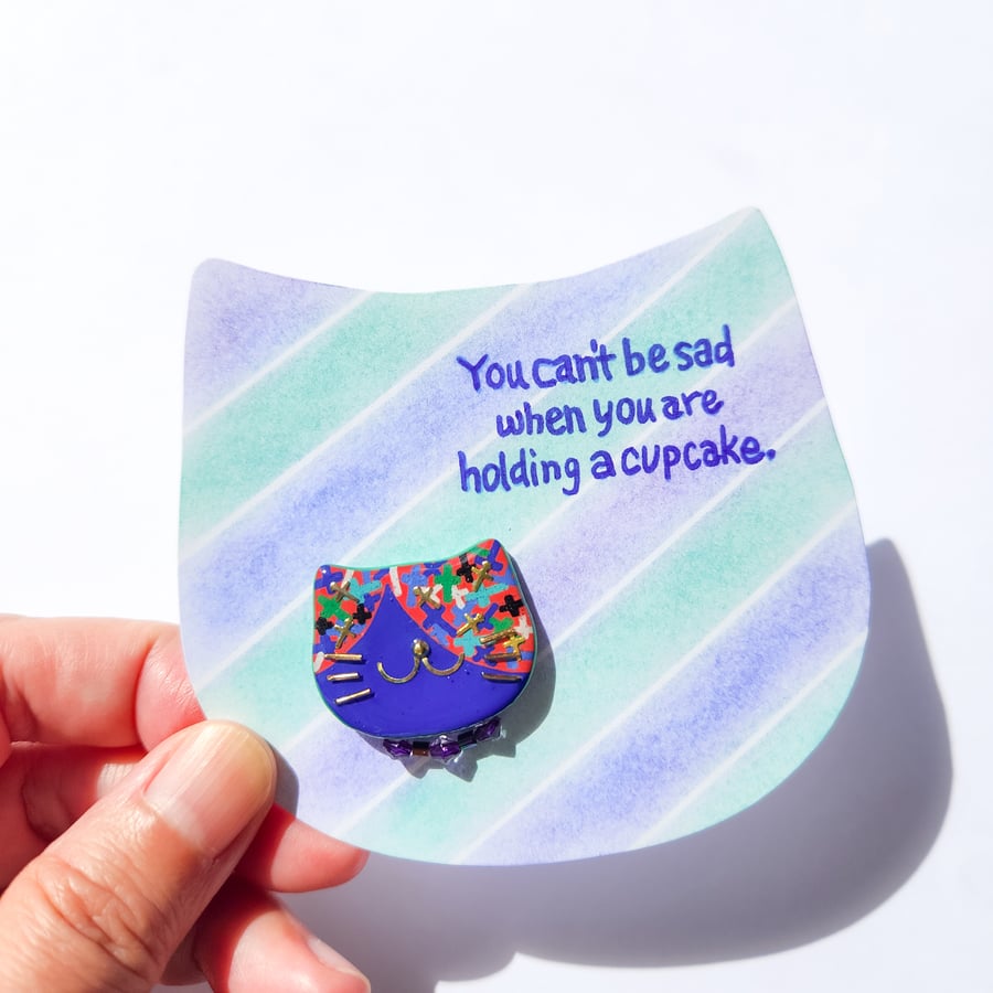 Hand-painted Cat Brooch with hand-coloured card