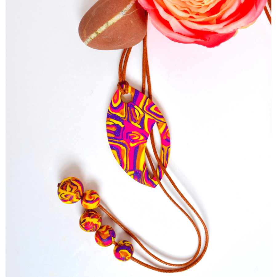 For Mum Hot Pink, Yellow, Gold & Purple Polymer Clay Reversible Lariat Necklace