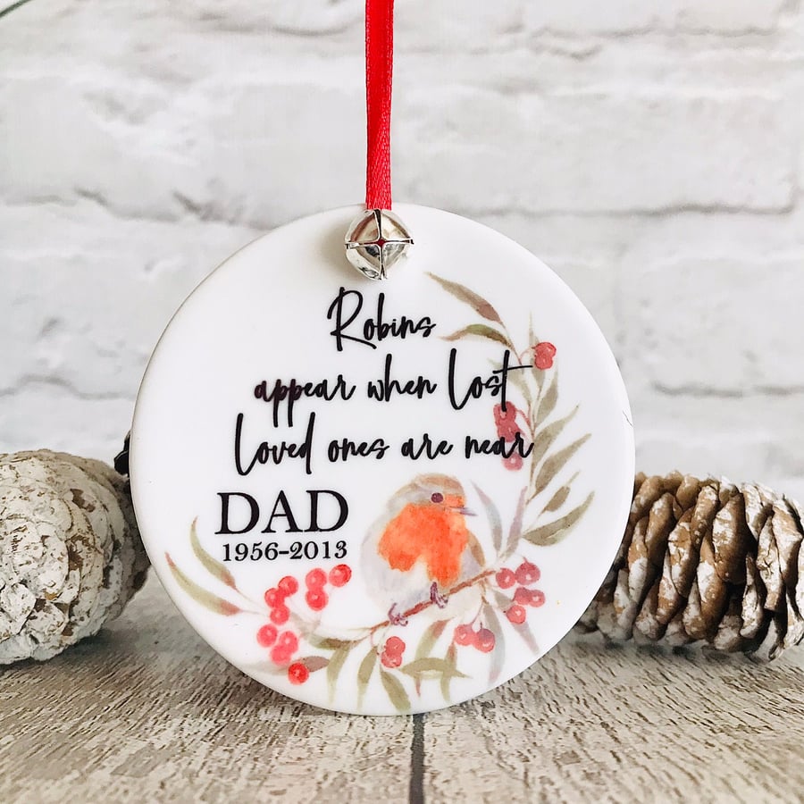 Memory Bauble, Robins appear bauble, personalised in memory of bauble ceramic 