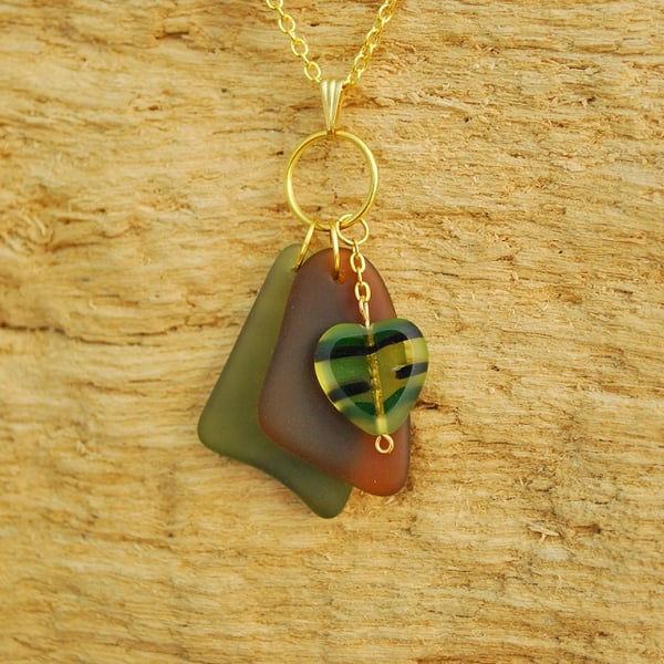 Brown and olive beach glass cluster pendant