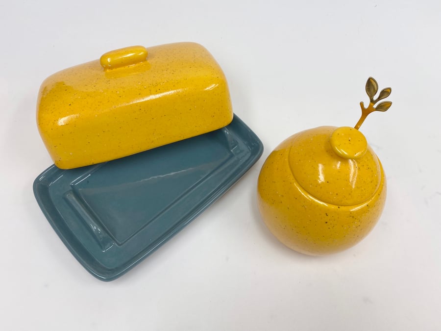 Grey and Yellow Butter Dish with Matching Sugar Bowl and Spoon