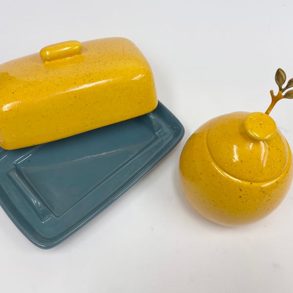 Grey and Yellow Butter Dish with Matching Sugar Bowl and Spoon