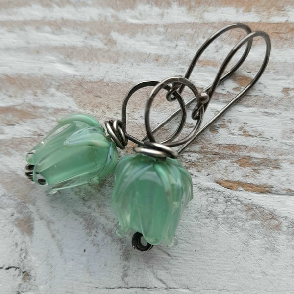 Sterling Silver Mint Lampwork Flower Bud Earrings