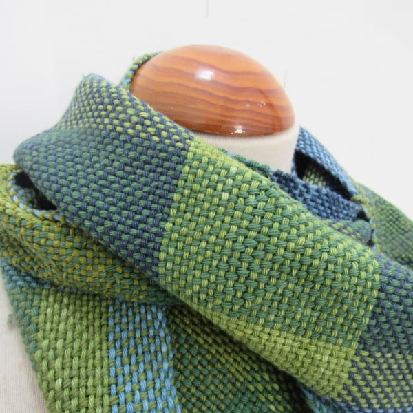 Blue and Green Handwoven Scrap Cotton Scarf