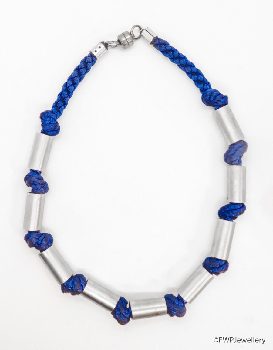 Aluminium Tube Necklace on Blue Knotted Cord, Magnetic Catch