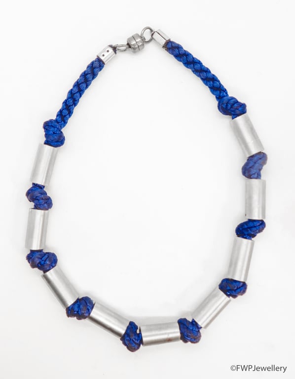 Aluminium Tube Necklace on Blue Knotted Cord, Magnetic Catch