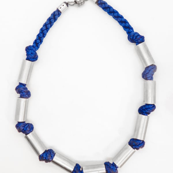 Aluminium Tube Necklace on Blue Knotted Cord, Magnetic Catch