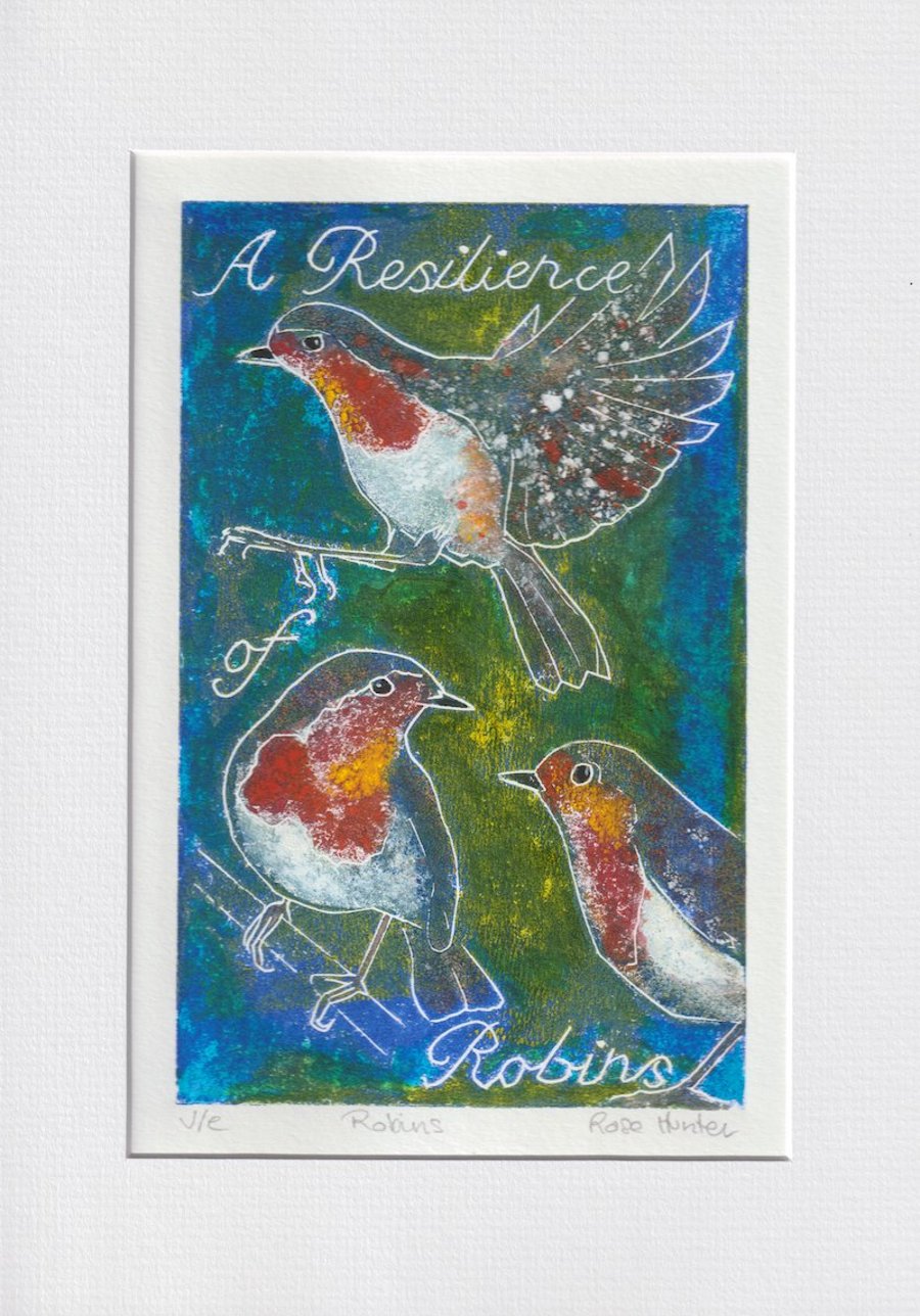 A Resilience of Robins - 001 original hand painted Lino print