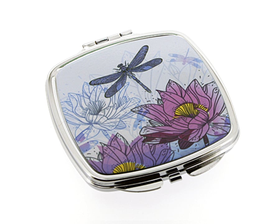 Compact Mirror for pocket or handbag, with dragonfly and purple flowers - M24