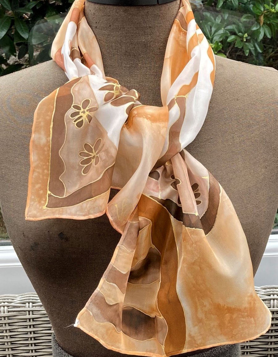 Decorative fans hand painted silk scarf.  Caramel and brown silk scarf