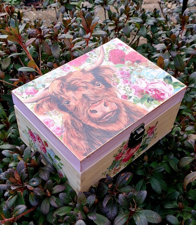 Wooden Pine Jewellery Keepsake Box Highland Cow Floral
