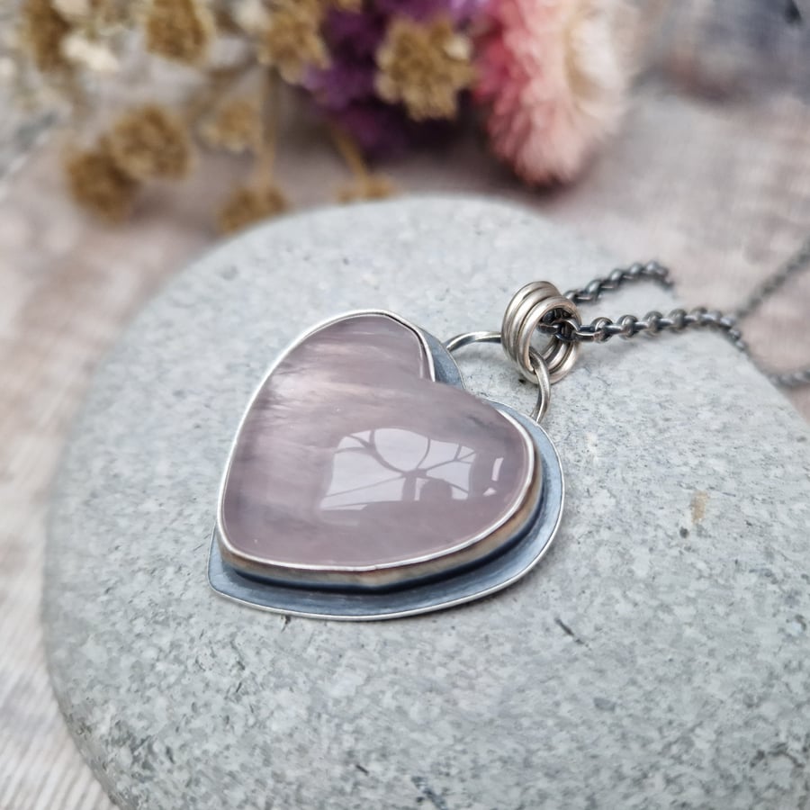 Sterling Silver and Rose Quartz Gemstone Heart Oxidised Necklace.