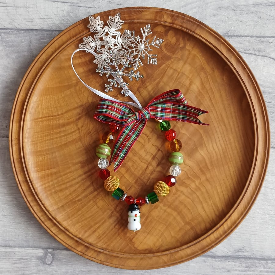 Beaded Ring Christmas Tree Decoration with Snowman