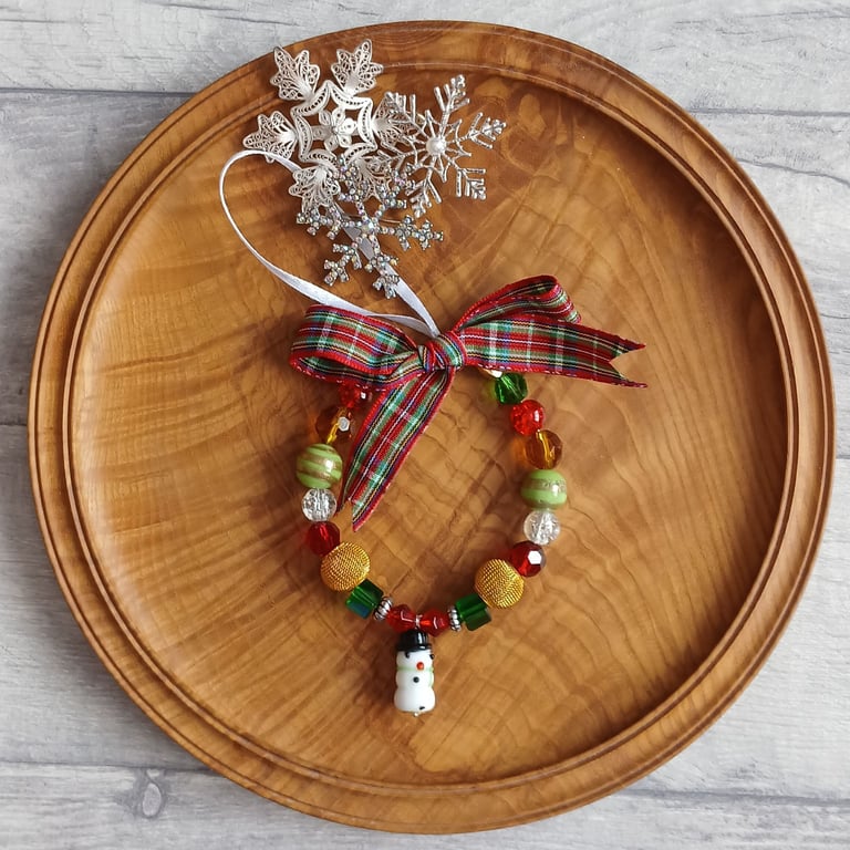 Beaded Ring Christmas Tree Decoration with Snowman