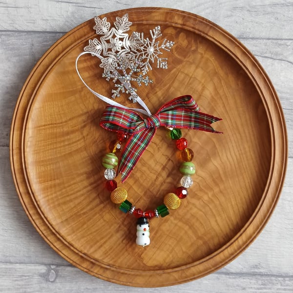 Beaded Ring Christmas Tree Decoration with Snowman
