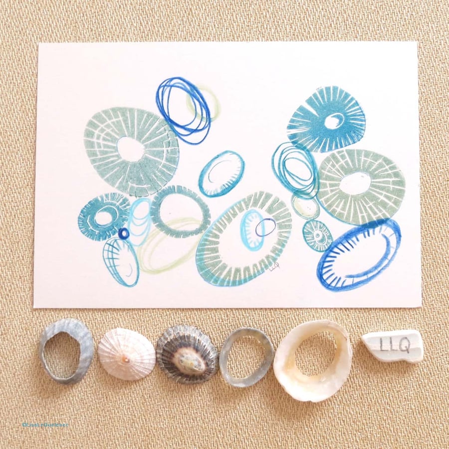 OOAK monoprint and mixed media shell inspired modern seaside art 