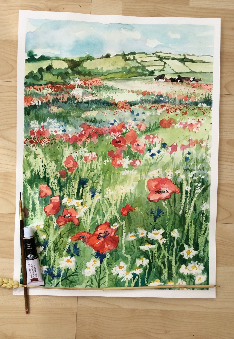 Watercolour painting of Red poppies in field with cows