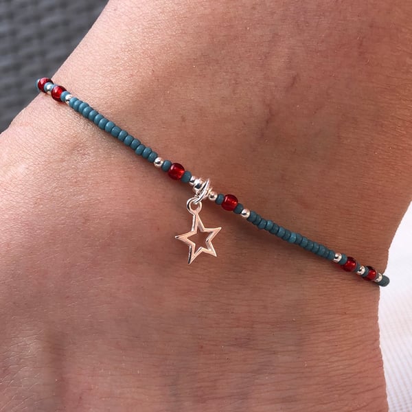 Sterling silver star and Czech glass anklet. Blue and red 