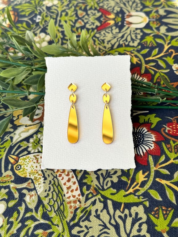 Gold Mirror Acrylic Triple Drop Teardrop Slender Dangle Earrings