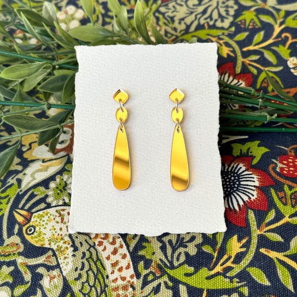 Gold Mirror Acrylic Triple Drop Teardrop Slender Dangle Earrings