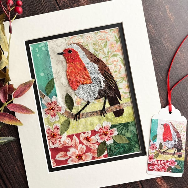 Hand sewn textile robin picture - gift for nature lover