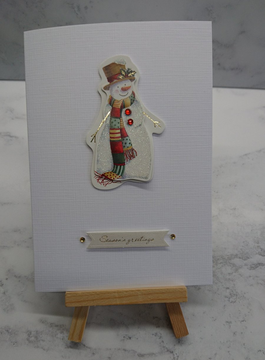 Christmas Card Season's Greetings Foiled Snowman on Linen 3D Luxury Handmade