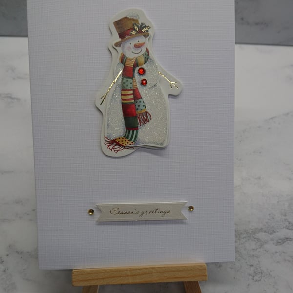 Christmas Card Season's Greetings Foiled Snowman on Linen 3D Luxury Handmade