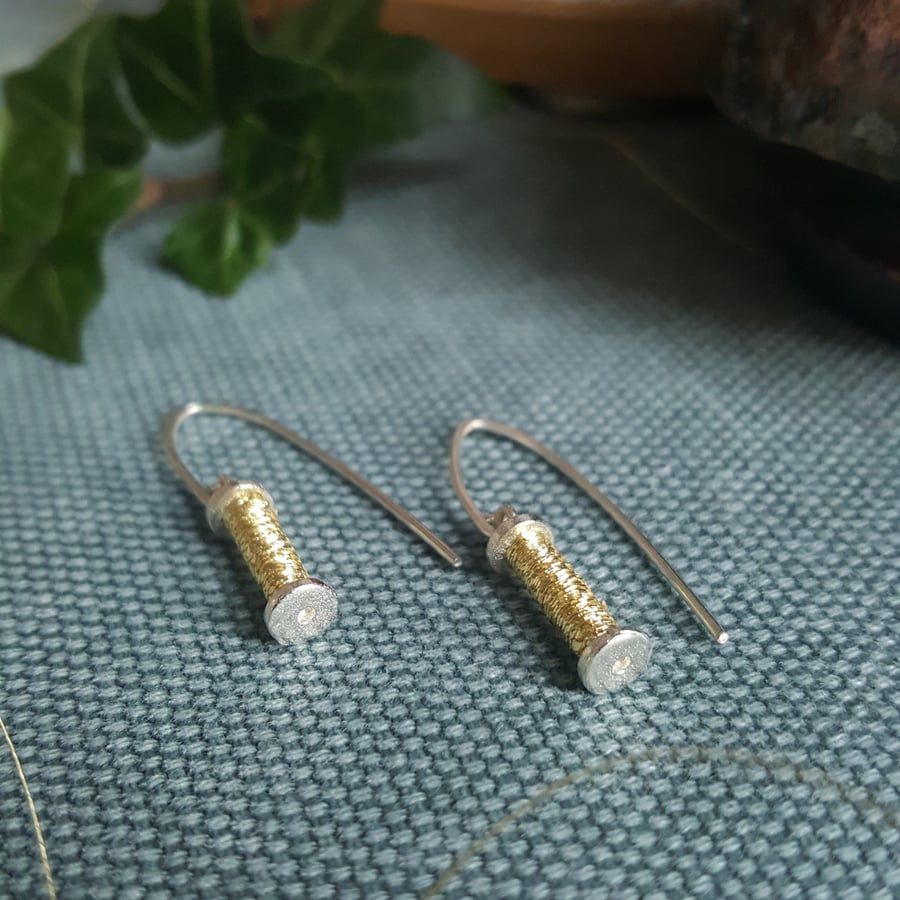 Silver Bobbin Earrings, Sewing Jewellery.