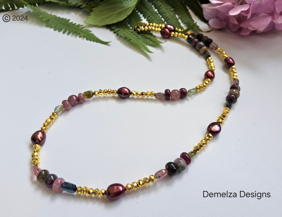Pyrite, Tourmaline, Baroque Pearl Vermeil Necklace