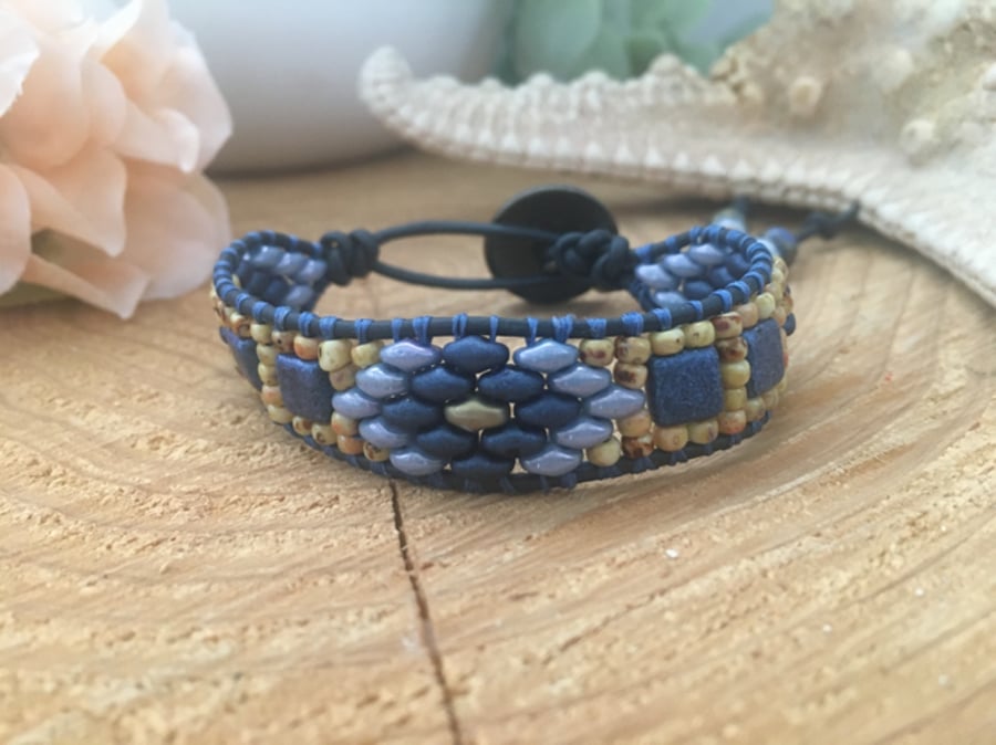 Boho Bracelet ,Boho Beaded leather cuff boho adjustable bracelet 