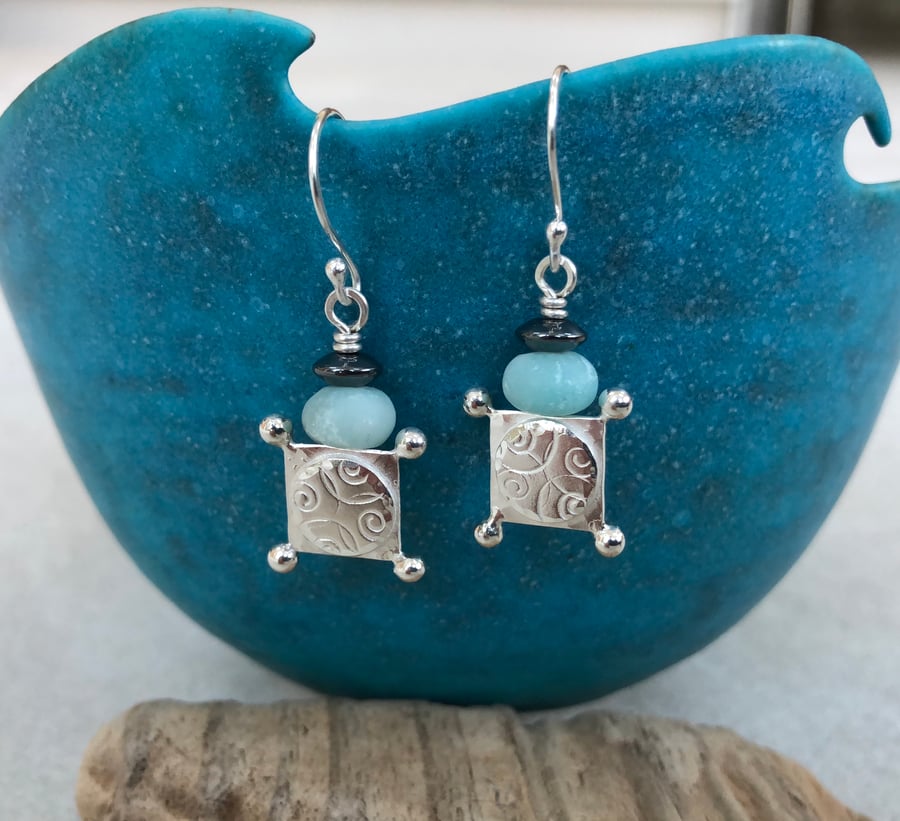 Square silver earrings, silver amazonite earrings