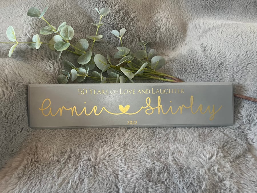 Personalised Wedding Anniversary Plaque. Wooden Sign. Golden, Ruby Anniversary