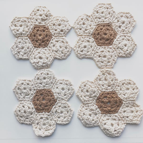 organic cotton coasters, crochet coasters, coasters set of four