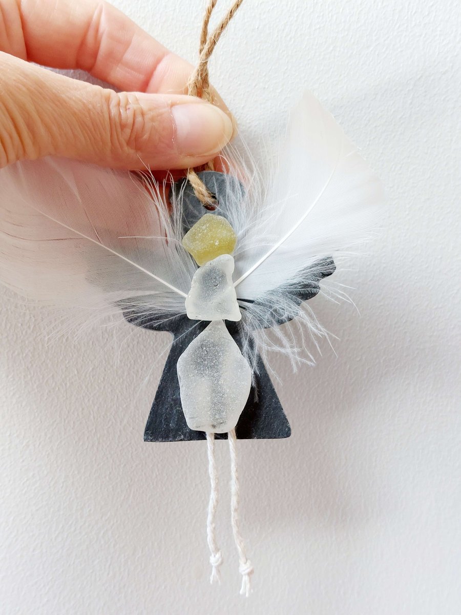 Angel Sea Glass and Slate Hanging Ornament - Sentimental Decoration Gift
