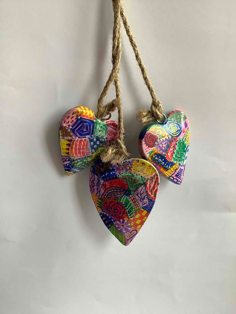 3 handpainted abstract wooden hearts 