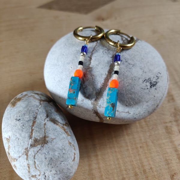 Neon bead earrings with stainless steel huggie hoops