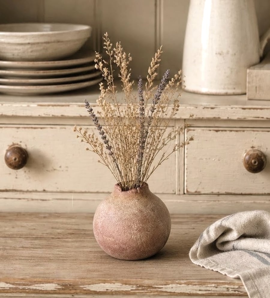 Hand Built Round Textured Bud Vase, Hand Painted Solace Vessel, Rustic Pottery