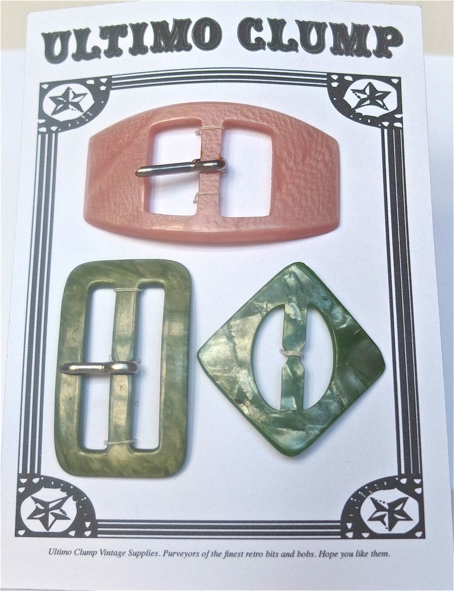 3 Vintage Buckles, Pink and Green