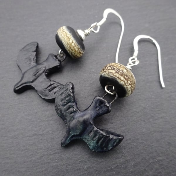 black lampwork glass and ceramic bird earrings