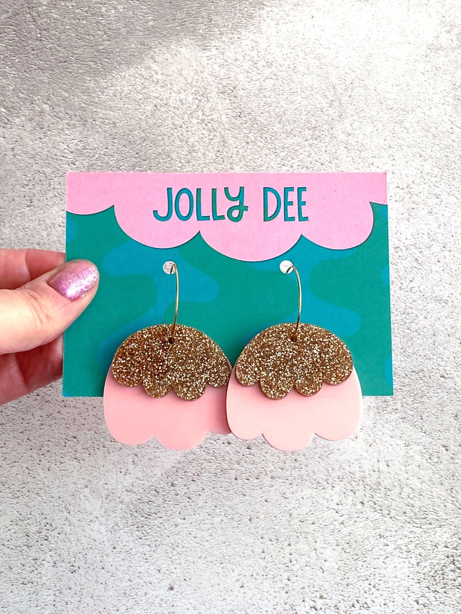 Pink and gold hoop earrings for plant mums, festival statement earrings for her