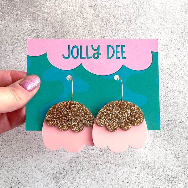 Pink and gold hoop earrings for plant mums, festival statement earrings for her