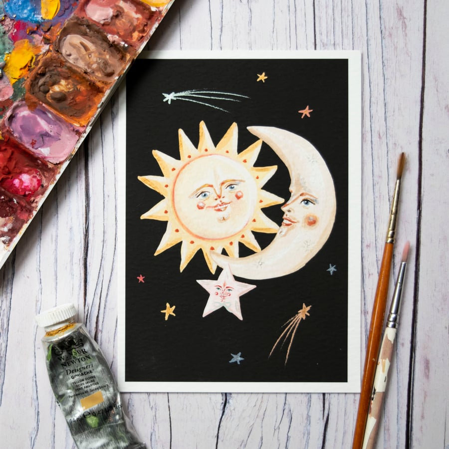 Hand tinted mini art print of a sun, moon and star illustration