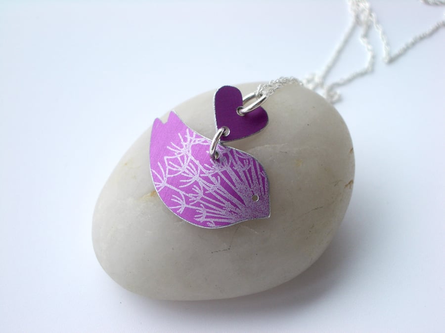 Bird necklace with dandelion clock seed print in pink and silver 