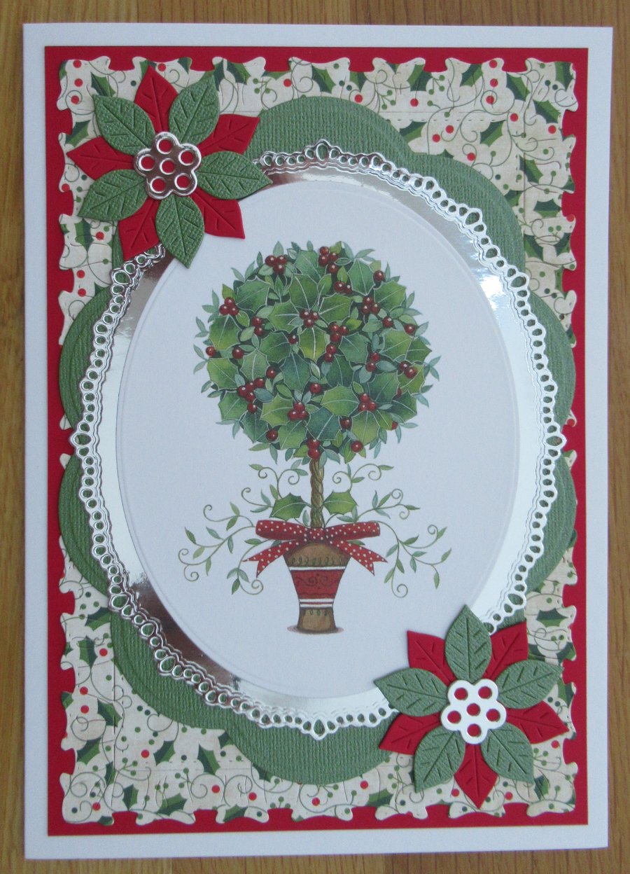 Holly & Berries Topiary Tree - A5 Christmas Card