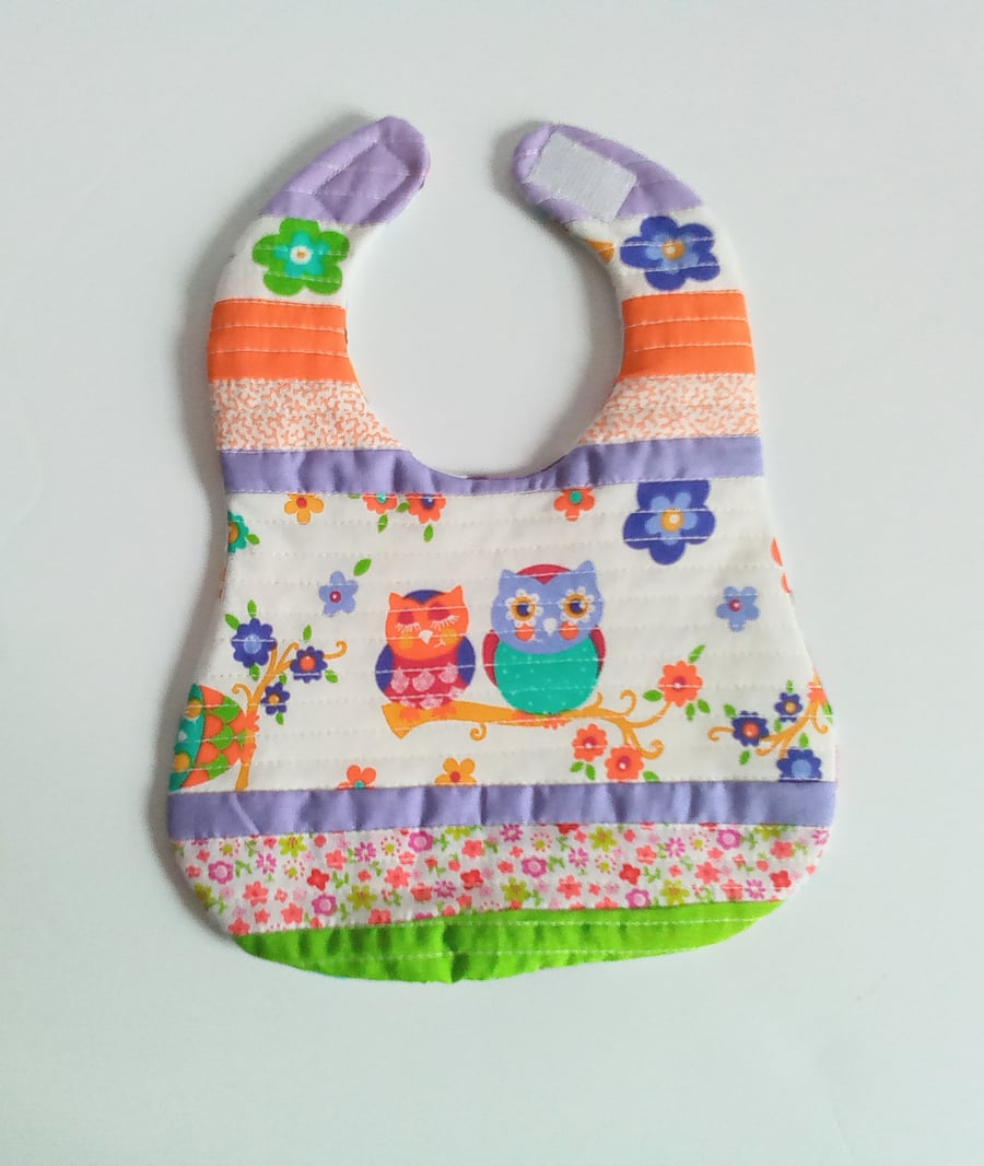 Owls, Patchwork bib, reversible baby bib, newborn baby bib, gift for baby 