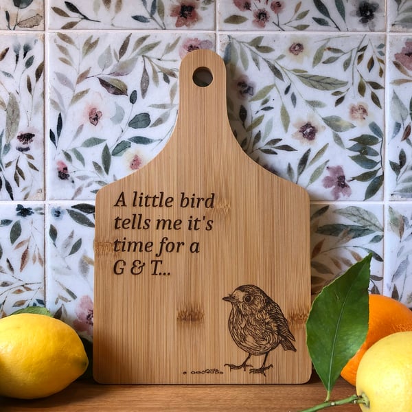 Small bamboo chopping board or bar board laser engraved with original artwork