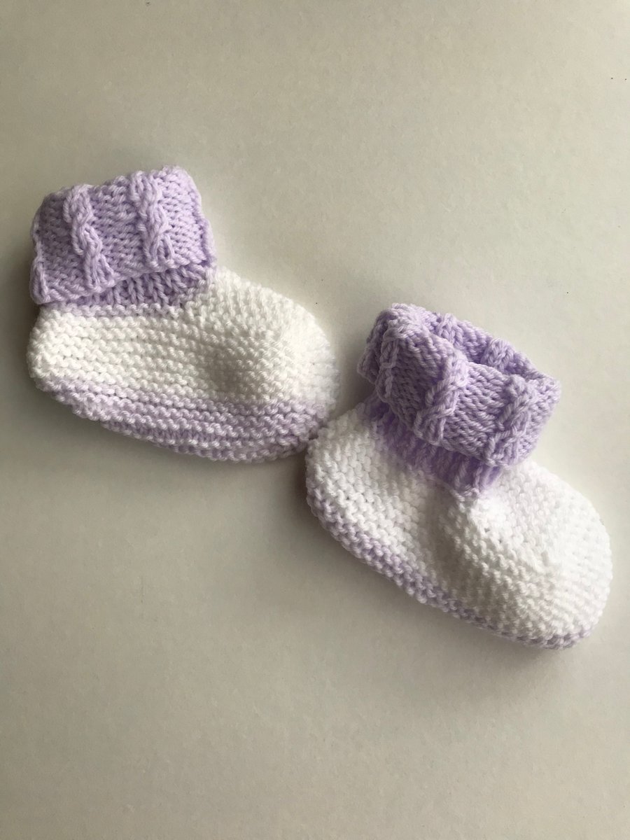 Hand knitted lavender and white baby bootees